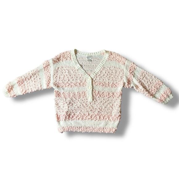 Vintage Fabe Knit Sweater Pink White Popcorn Texture V-Neck Sz M - Picture 1 of 8